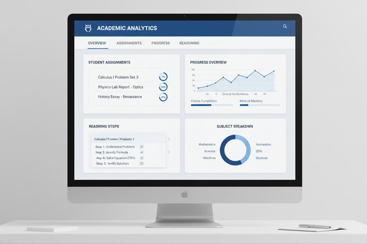 Clean educational analytics dashboard interface showing student assignments, reasoning steps, progress indicators, academic style, minimal and professional UI
